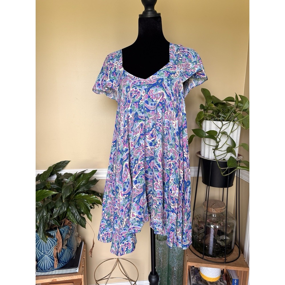 Matilda Jane Dress Womens SzL Blue Paisley Flutter Sleeve V Neck Tunic Mini Boho